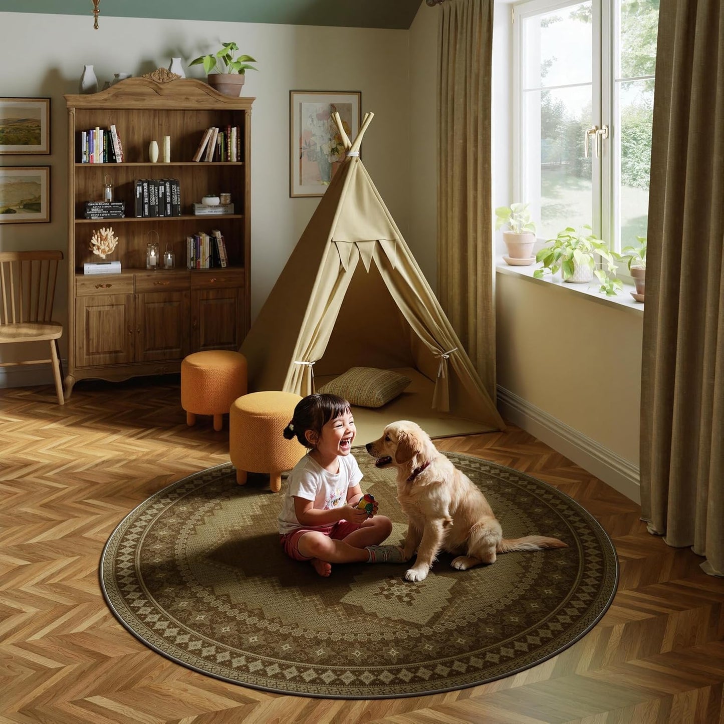 6x6 Round Area Rug - Vintage Ultra-Thin Living Room Rug Washable Abstract Carpets - Soft & Stain Resistant Rug for Kitchen Bedroom Dining Room Brown Yellow