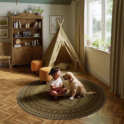 6x6 Round Area Rug - Vintage Ultra-Thin Living Room Rug Washable Abstract Carpets - Soft & Stain Resistant Rug for Kitchen Bedroom Dining Room Brown Yellow
