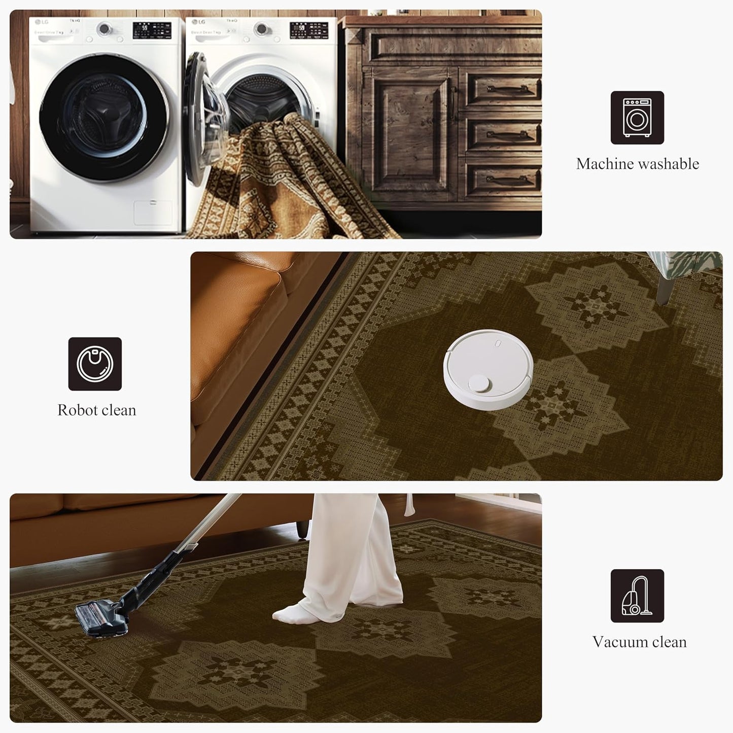 6x6 Round Area Rug - Vintage Ultra-Thin Living Room Rug Washable Abstract Carpets - Soft & Stain Resistant Rug for Kitchen Bedroom Dining Room Brown Yellow