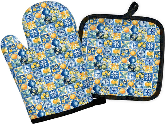 Blue and White Mediterranean Lemon Oven Mitts and Pot Holders Sets, Lemon Kitchen Decor, Vintage Azulejo Tiles Italian Lemons Heat Resistant Oven Gloves Hot Pads for Kitchen Decor