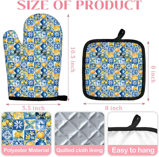 Blue and White Mediterranean Lemon Oven Mitts and Pot Holders Sets, Lemon Kitchen Decor, Vintage Azulejo Tiles Italian Lemons Heat Resistant Oven Gloves Hot Pads for Kitchen Decor