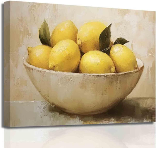 Lemon Pictures for Kitchen Lemon Wall Art Yellow Fruit Canvas Prints Rustic Poster Paintings Vintage Artwork Farmhouse Kitchen Decor Framed (12L x 18W)