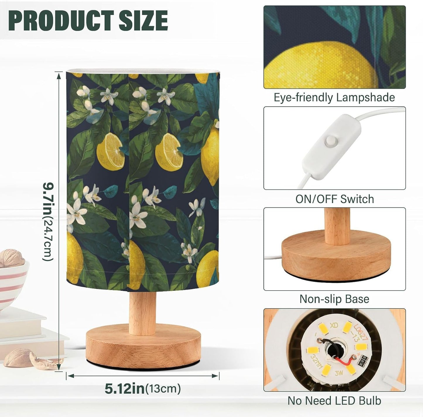 Bedside Table Lamp Lemon Yellow Citrus Fruits (115) Kids Nightstand Lamp Night Light Fabric Shade for Bedroom Living Room Home Office