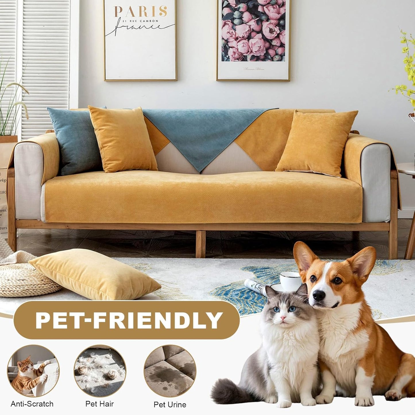 Mustard Yellow Couch Cover for Dogs, 100% Waterproof Anti-Scratch Cat Full Furniture Protector, Non Slip Stain Resistant Sofa Cover for Living Rooms, Pet-Friendly Sofa Slipcover-35.4X94.5IN