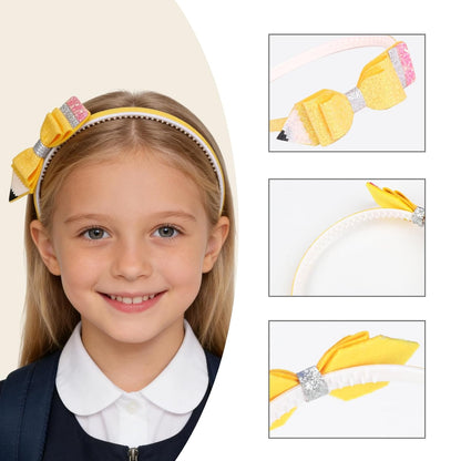 Back to School Headband Glitter Pencil Hair Band Yellow Bow Hair Accessories for Women Girls Teachers Student School Classroom Party Supplies