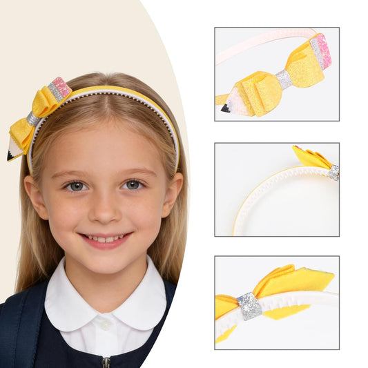 Back to School Headband Glitter Pencil Hair Band Yellow Bow Hair Accessories for Women Girls Teachers Student School Classroom Party Supplies