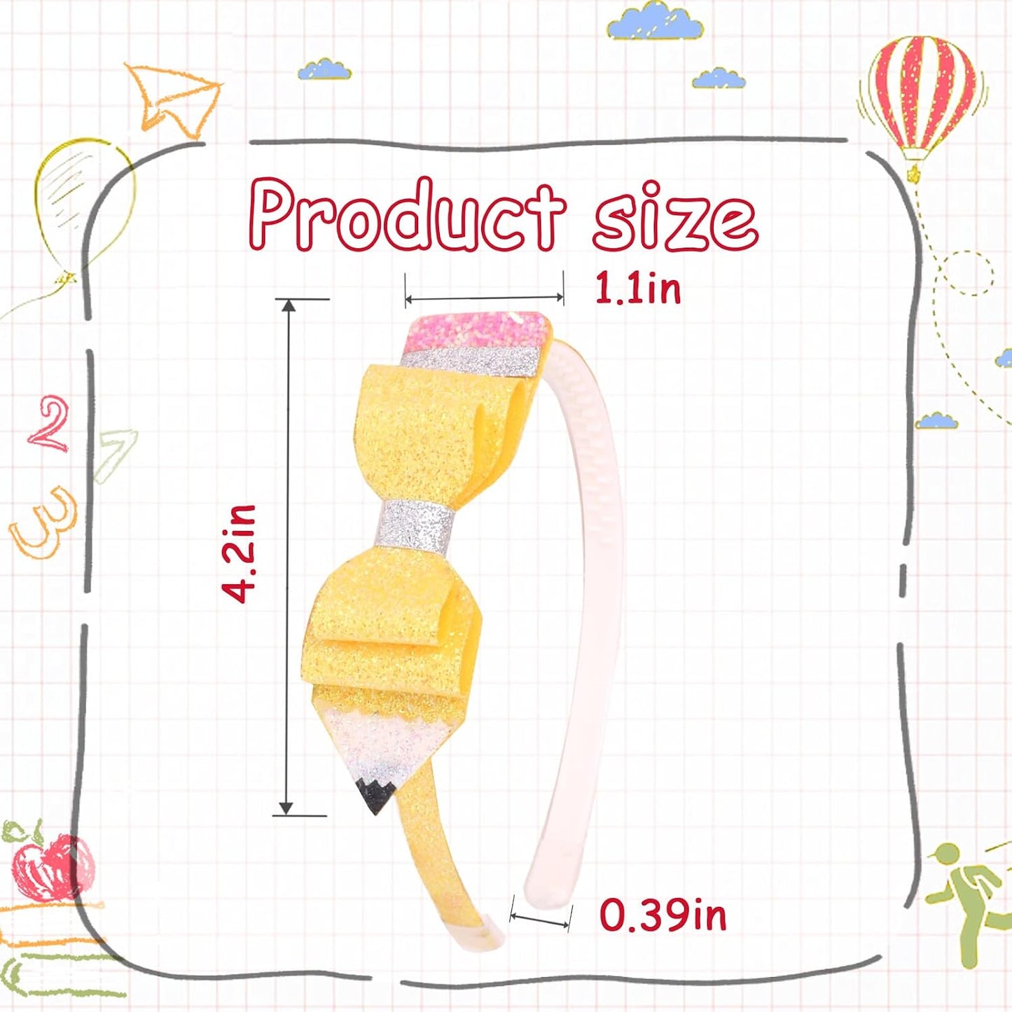 Back to School Headband Glitter Pencil Hair Band Yellow Bow Hair Accessories for Women Girls Teachers Student School Classroom Party Supplies