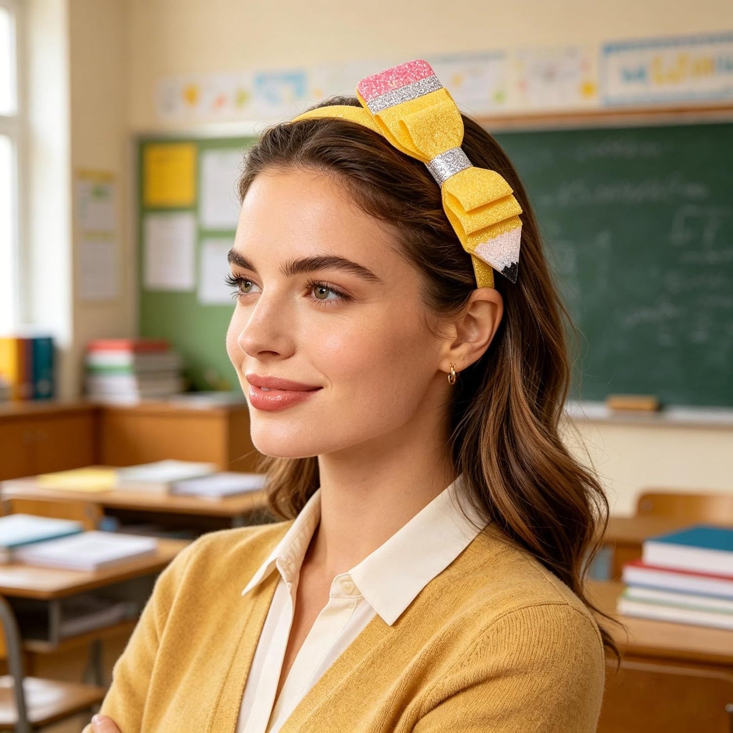 Back to School Headband Glitter Pencil Hair Band Yellow Bow Hair Accessories for Women Girls Teachers Student School Classroom Party Supplies