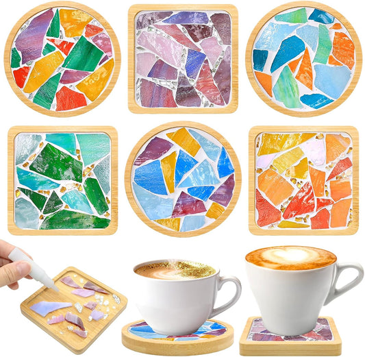 6 Sets DIY Mosaic Art Kits for Adults Women, Glass Mosaic Tiles for Crafts, 3 Round & 3 Square Wooden Coasters, Complete Handmade Coaster Making Kit, Home Decor Gifts (Multicolored Style)