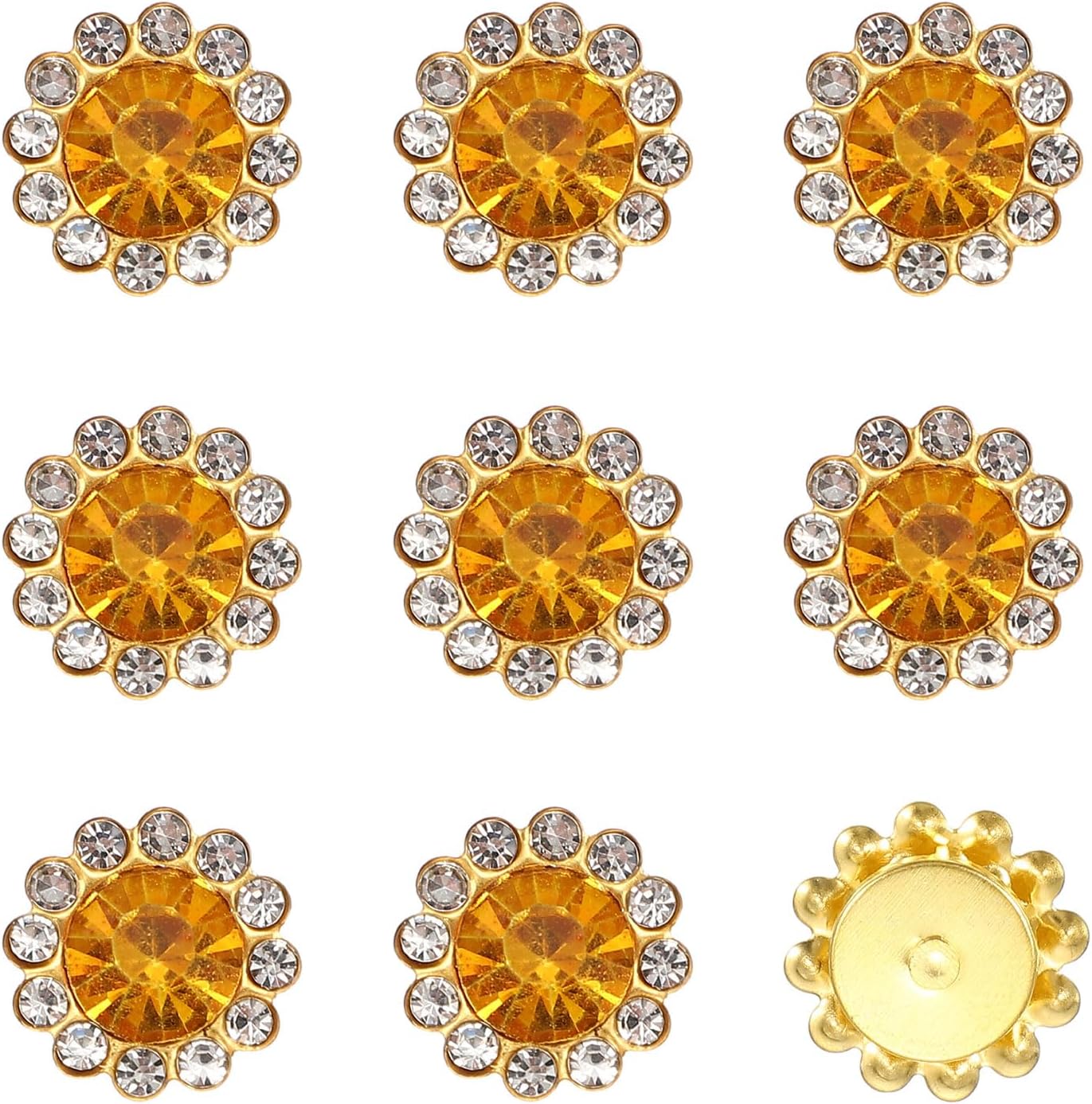 150Pcs 12mm Sew on Flower Rhinestones Crystal Glass Gems, Flatback Claw with Metal Base Crystals for Sewing Clothes Shoes Jewelry Belt Accessories, Gold Yellow