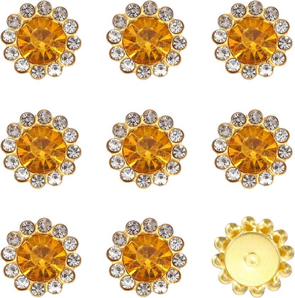 150Pcs 12mm Sew on Flower Rhinestones Crystal Glass Gems, Flatback Claw with Metal Base Crystals for Sewing Clothes Shoes Jewelry Belt Accessories, Gold Yellow