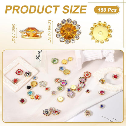150Pcs 12mm Sew on Flower Rhinestones Crystal Glass Gems, Flatback Claw with Metal Base Crystals for Sewing Clothes Shoes Jewelry Belt Accessories, Gold Yellow