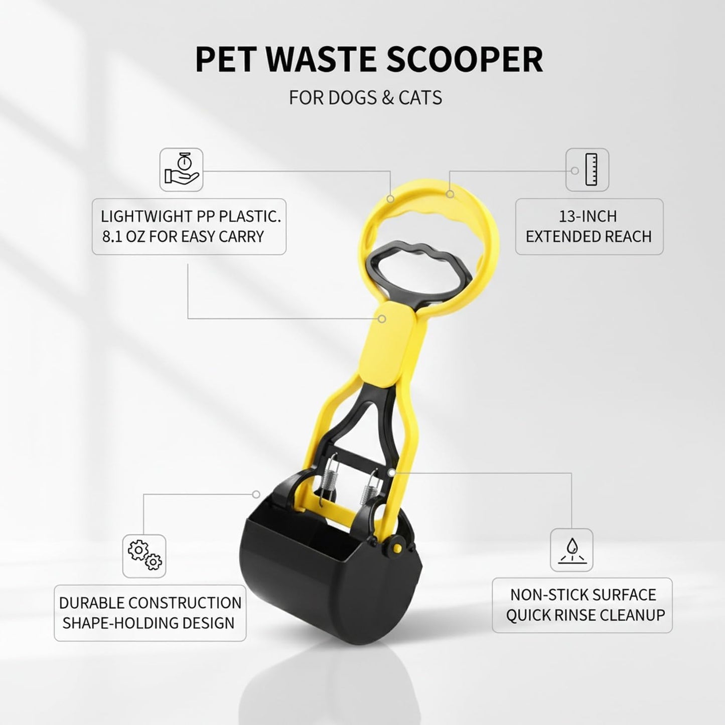 Handheld Pet Waste Scooper, Lightweight Yellow Plastic Litter Box Cleaner Tool for Dogs & Cats, 13-Inch