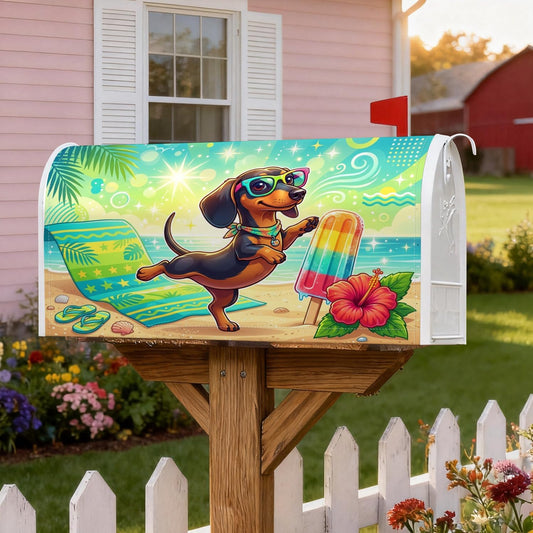 Dog Magnetic Mailbox Covers, Summer Playful Popsicle Hibiscus Summer Yellow Letter Box Cover for Front Yard Decor 18x21 Inch