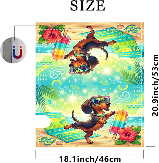Dog Magnetic Mailbox Covers, Summer Playful Popsicle Hibiscus Summer Yellow Letter Box Cover for Front Yard Decor 18x21 Inch