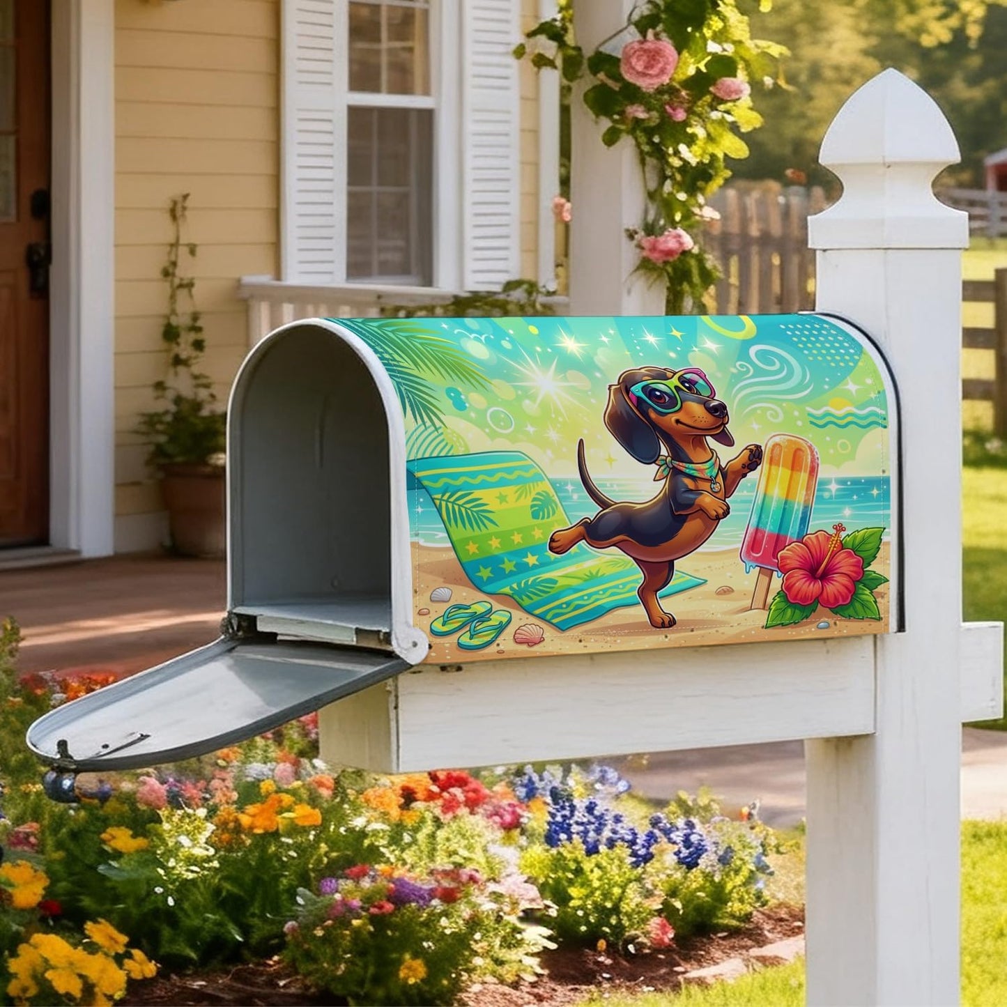 Dog Magnetic Mailbox Covers, Summer Playful Popsicle Hibiscus Summer Yellow Letter Box Cover for Front Yard Decor 18x21 Inch
