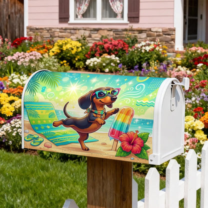Dog Magnetic Mailbox Covers, Summer Playful Popsicle Hibiscus Summer Yellow Letter Box Cover for Front Yard Decor 18x21 Inch