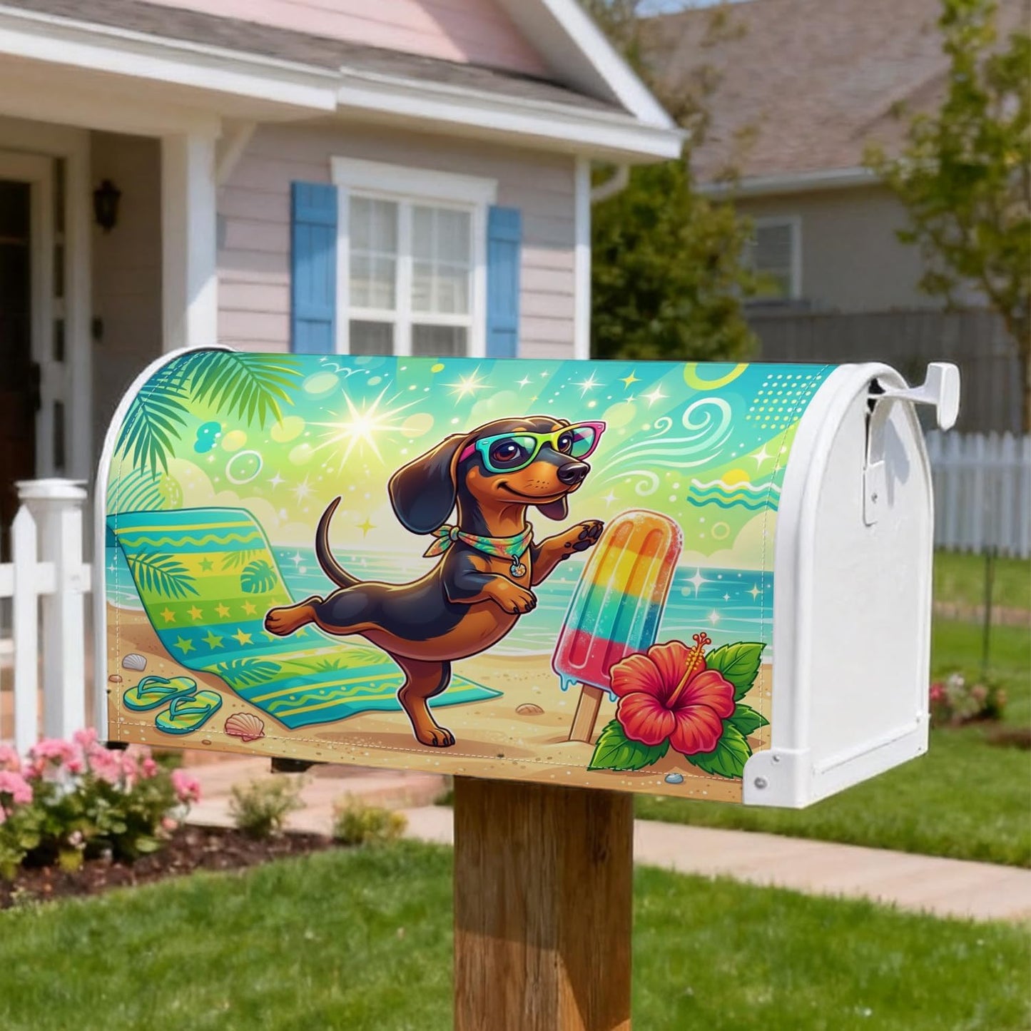 Dog Magnetic Mailbox Covers, Summer Playful Popsicle Hibiscus Summer Yellow Letter Box Cover for Front Yard Decor 18x21 Inch