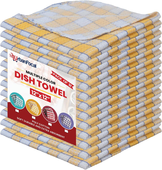 Polycotton Kitchen Dish Towels 12 Pack - Dish Cloths for Cleaning Scrubbing and Wipe Glass - Dish Towels for Kitchen Drying | Yellow and White, 12 x 12