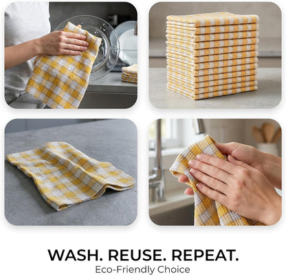 Polycotton Kitchen Dish Towels 12 Pack - Dish Cloths for Cleaning Scrubbing and Wipe Glass - Dish Towels for Kitchen Drying | Yellow and White, 12 x 12