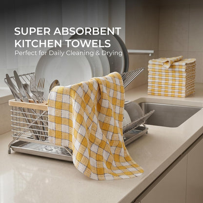 Polycotton Kitchen Dish Towels 12 Pack - Dish Cloths for Cleaning Scrubbing and Wipe Glass - Dish Towels for Kitchen Drying | Yellow and White, 12 x 12