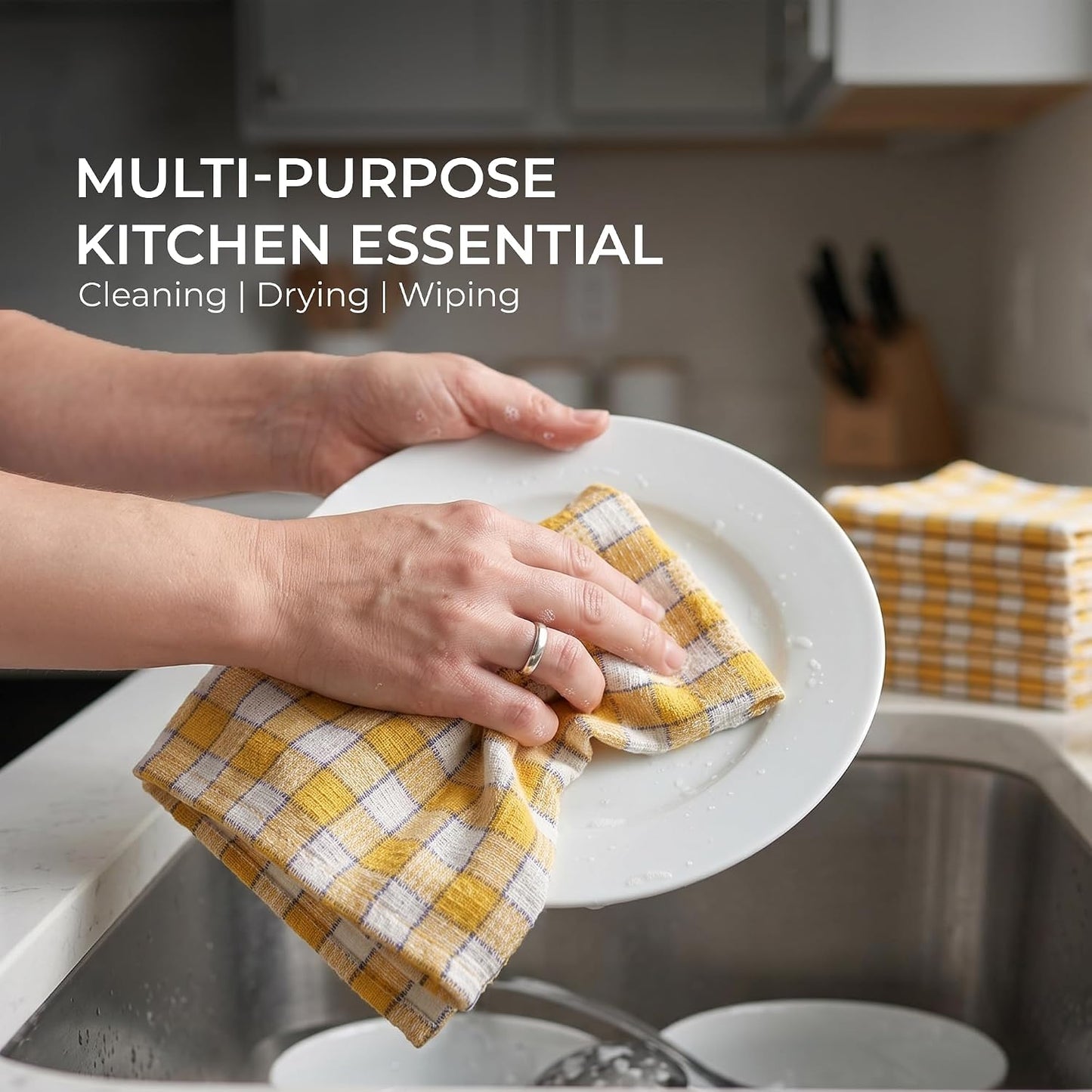 Polycotton Kitchen Dish Towels 12 Pack - Dish Cloths for Cleaning Scrubbing and Wipe Glass - Dish Towels for Kitchen Drying | Yellow and White, 12 x 12