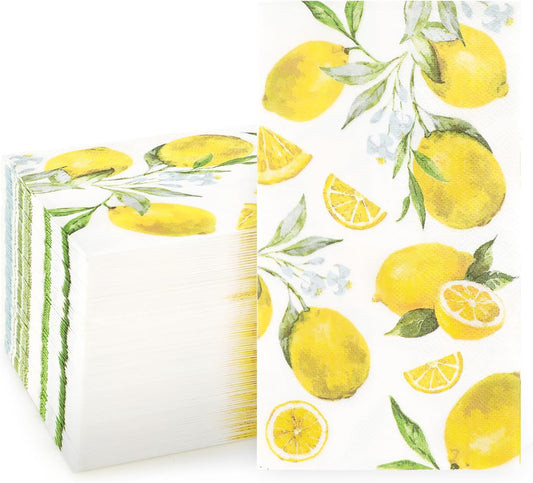 100 PCS Watercolor Lemon Disposable Paper Napkins, Yellow Lemon Decorative Paper Napkins, 15.8 x 13 Inch Soft and Absorbent Hand Towels Cocktail Napkins for Guest, Anniversary Birthday Christmas Party