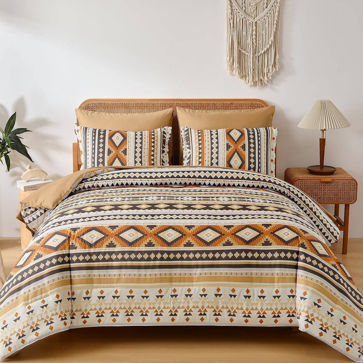 Comforter Set Queen Size Boho,Yellow Brown 7 Pieces Bed in a Bag Queen Bedding Sets Aztec Comforters with Sheets Western Striped Complete Set for Family 90"x90"