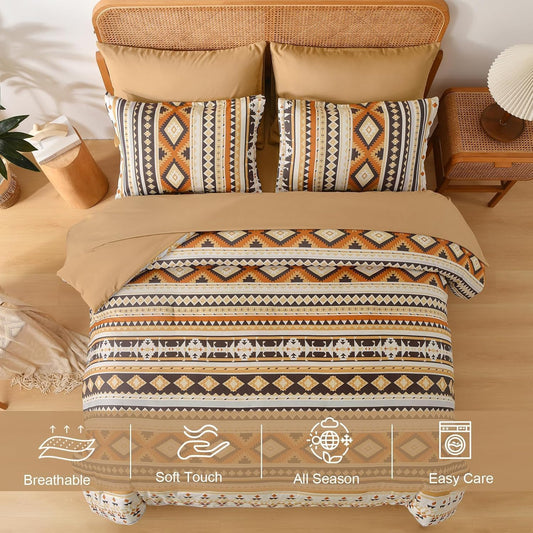 Comforter Set Queen Size Boho,Yellow Brown 7 Pieces Bed in a Bag Queen Bedding Sets Aztec Comforters with Sheets Western Striped Complete Set for Family 90"x90"