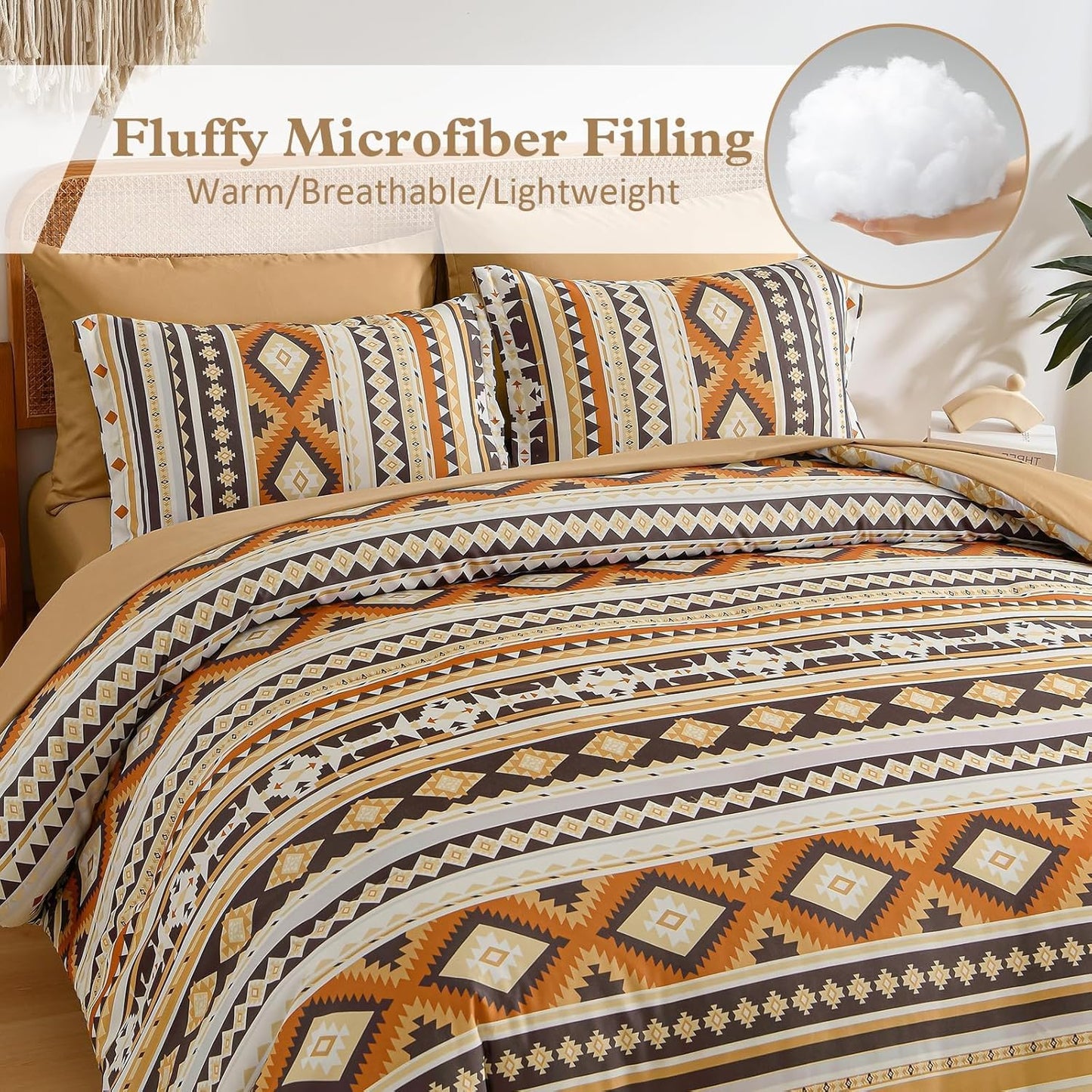 Comforter Set Queen Size Boho,Yellow Brown 7 Pieces Bed in a Bag Queen Bedding Sets Aztec Comforters with Sheets Western Striped Complete Set for Family 90"x90"