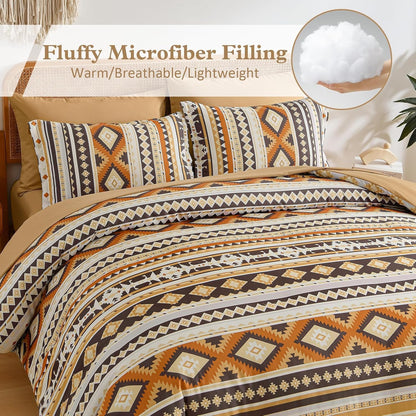 Comforter Set Queen Size Boho,Yellow Brown 7 Pieces Bed in a Bag Queen Bedding Sets Aztec Comforters with Sheets Western Striped Complete Set for Family 90"x90"