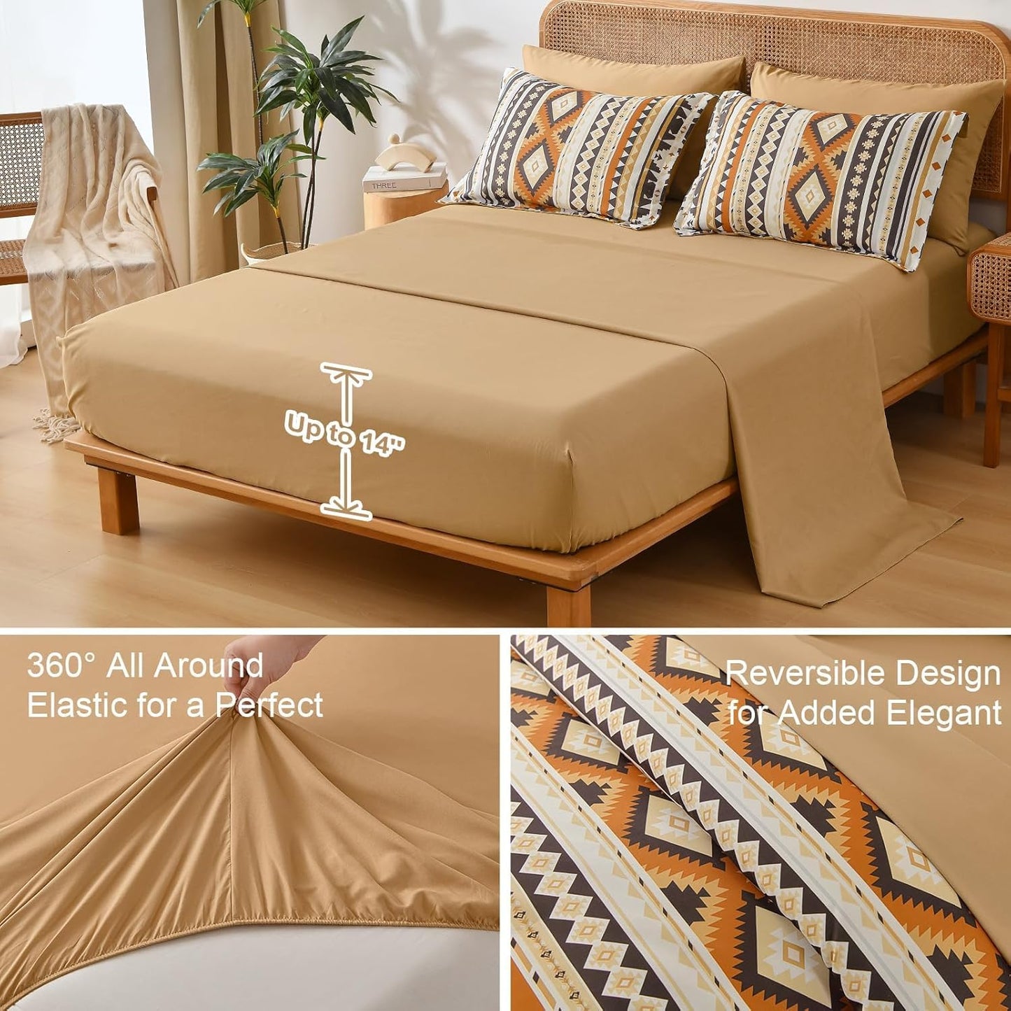 Comforter Set Queen Size Boho,Yellow Brown 7 Pieces Bed in a Bag Queen Bedding Sets Aztec Comforters with Sheets Western Striped Complete Set for Family 90"x90"