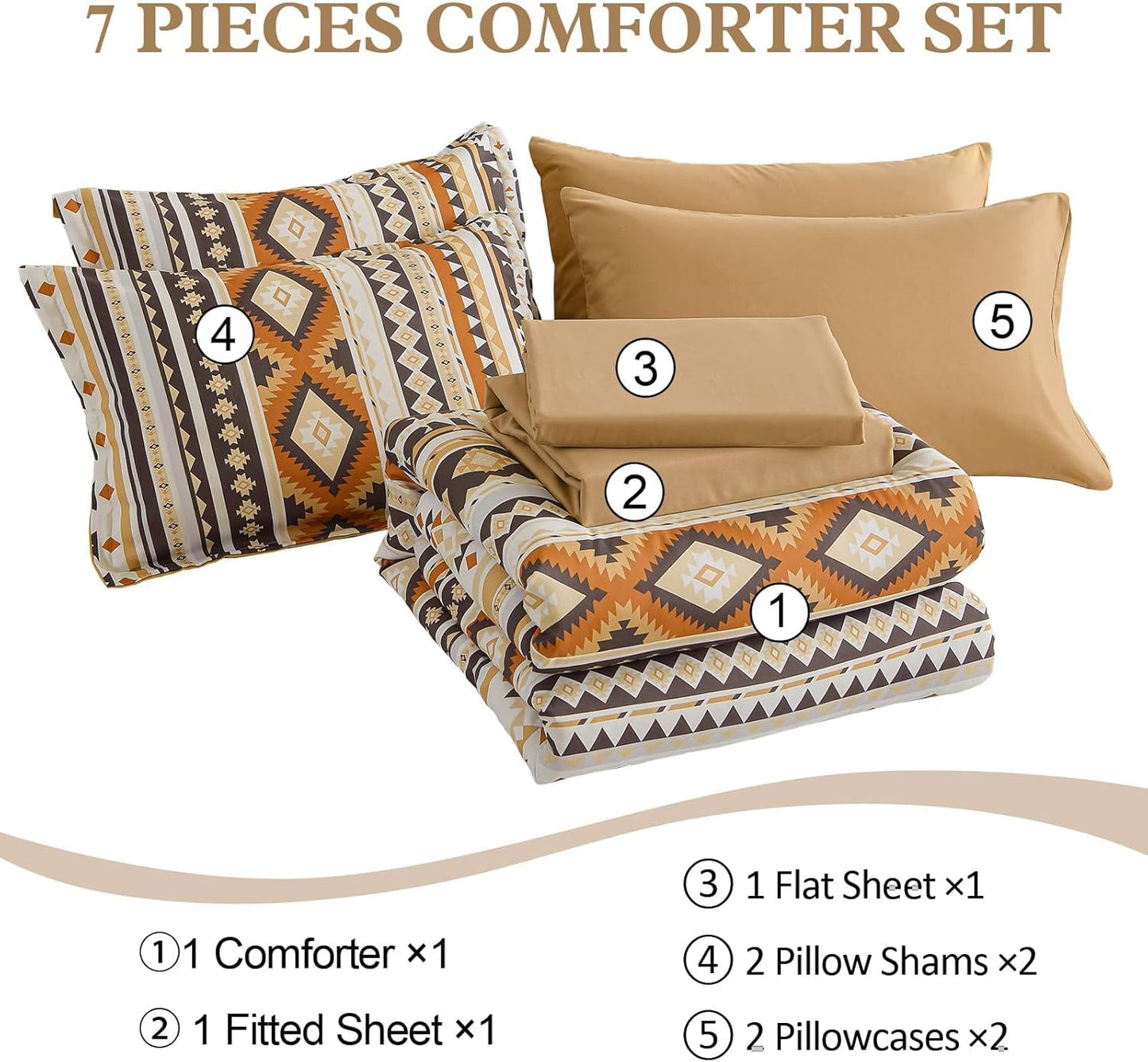 Comforter Set Queen Size Boho,Yellow Brown 7 Pieces Bed in a Bag Queen Bedding Sets Aztec Comforters with Sheets Western Striped Complete Set for Family 90"x90"