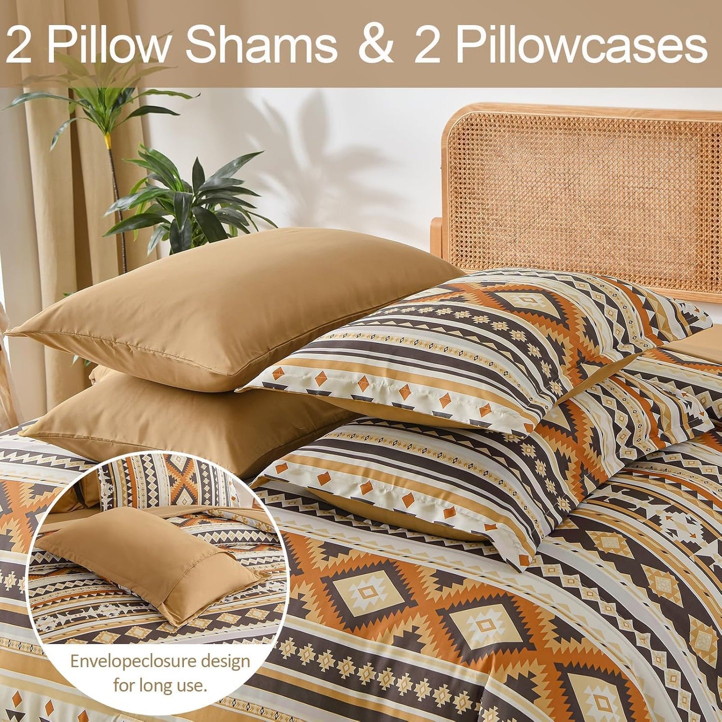 Comforter Set Queen Size Boho,Yellow Brown 7 Pieces Bed in a Bag Queen Bedding Sets Aztec Comforters with Sheets Western Striped Complete Set for Family 90"x90"