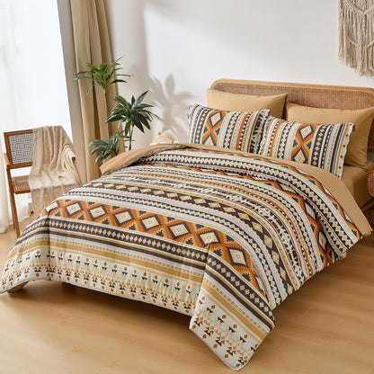 Comforter Set Queen Size Boho,Yellow Brown 7 Pieces Bed in a Bag Queen Bedding Sets Aztec Comforters with Sheets Western Striped Complete Set for Family 90"x90"
