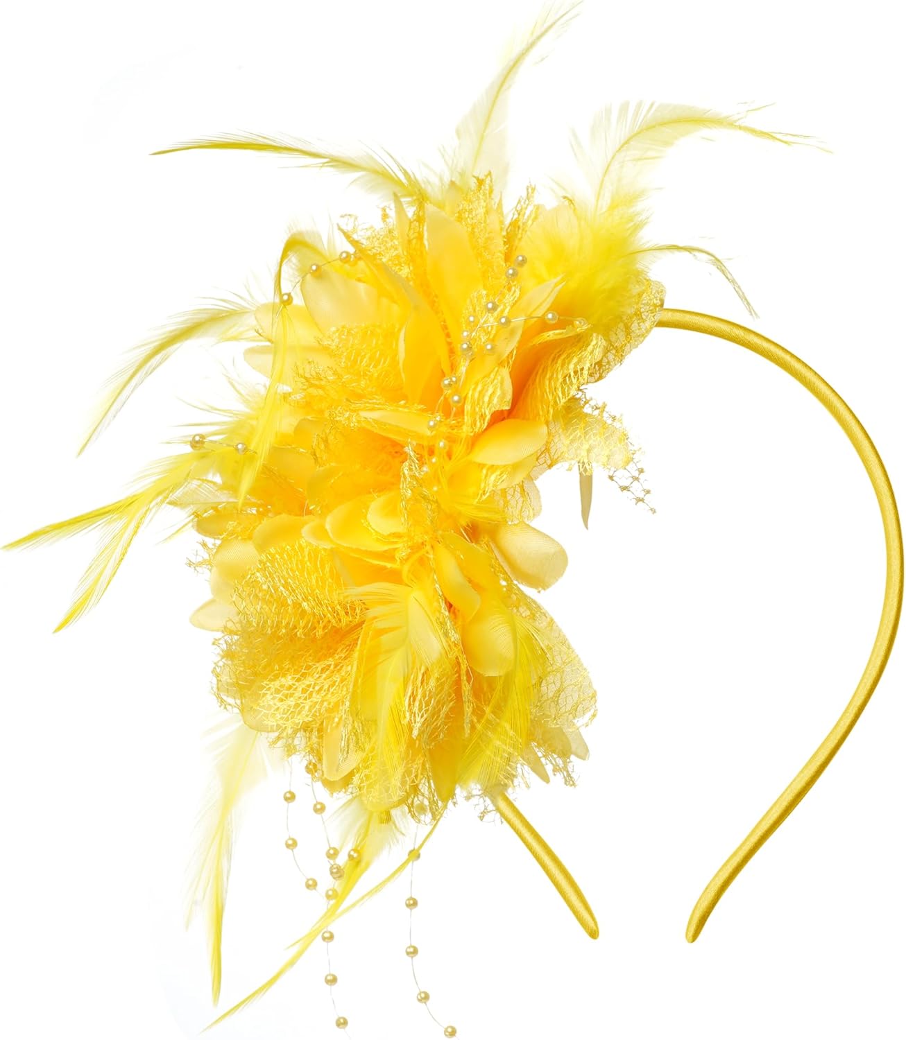 Womens Fascinators Hats Tea Party Hats for Women, Feather Pearl Veil Headband for Wedding Cocktail Dresses Accessories