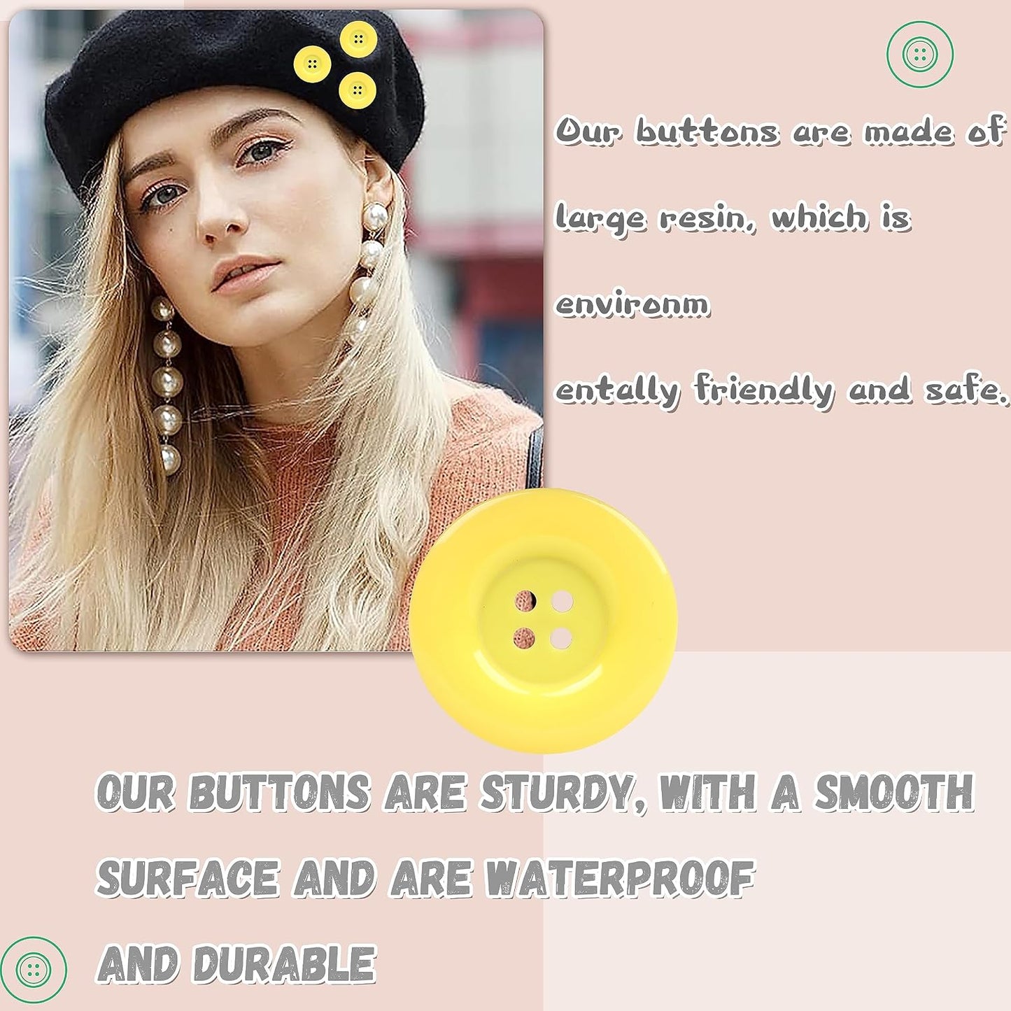 50pcs 4 Holes Round Sewing Resin Buttons1.5inch/38mm in Bulk for Environmental Sewing Fasteners Scrapbooking DIY Sewing Tailor Crafts Coats Clothe Fluorescent Yellow