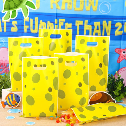 50 PCS Yellow Sponge Goodie Party Favor Bag with Handles | Cartoon Plastic Candy Gift Bag for Kids Underwater Summer Birthday Supplies