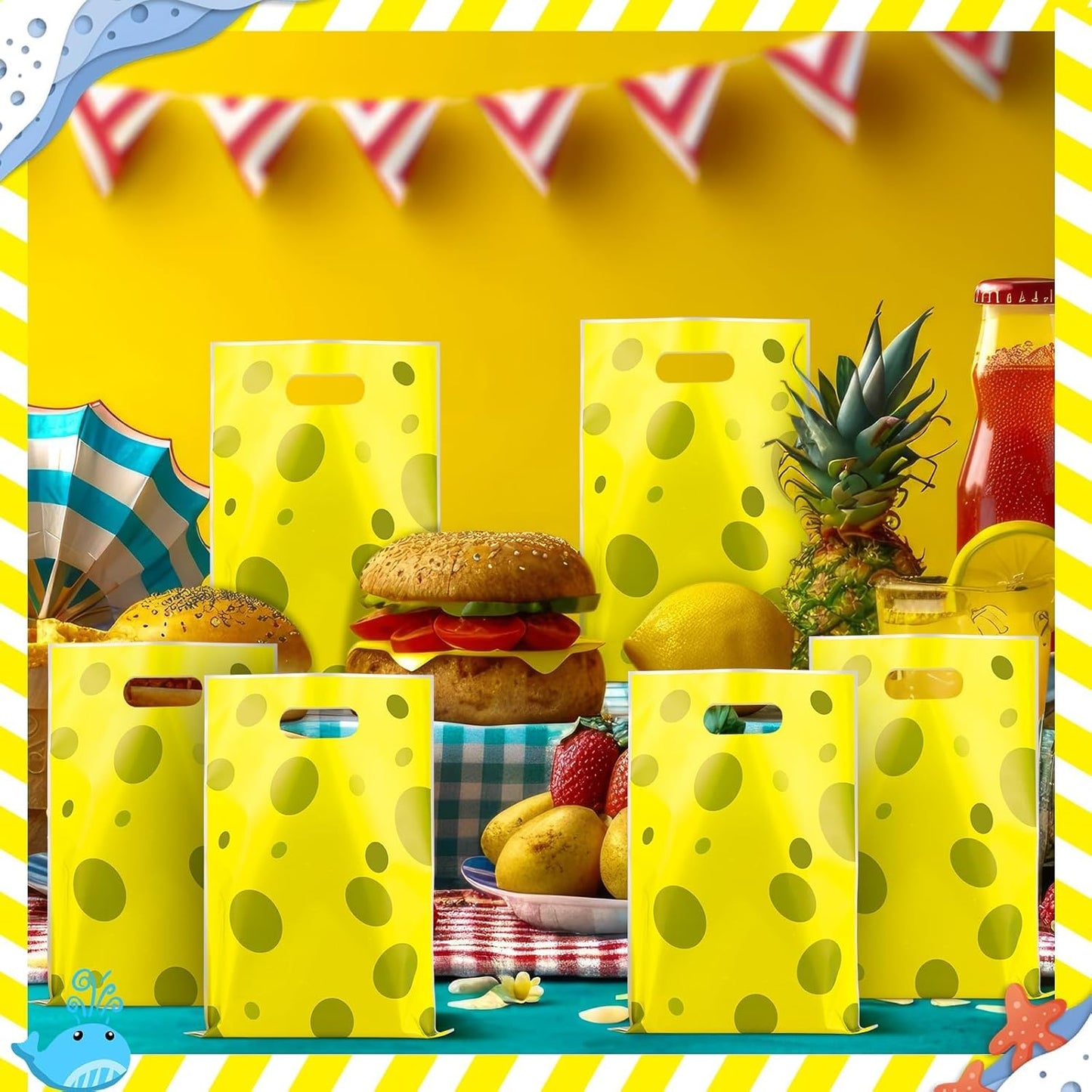 50 PCS Yellow Sponge Goodie Party Favor Bag with Handles | Cartoon Plastic Candy Gift Bag for Kids Underwater Summer Birthday Supplies