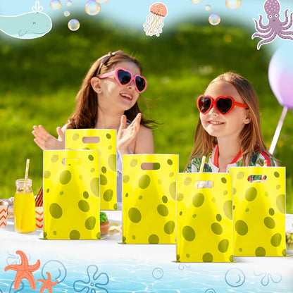 50 PCS Yellow Sponge Goodie Party Favor Bag with Handles | Cartoon Plastic Candy Gift Bag for Kids Underwater Summer Birthday Supplies