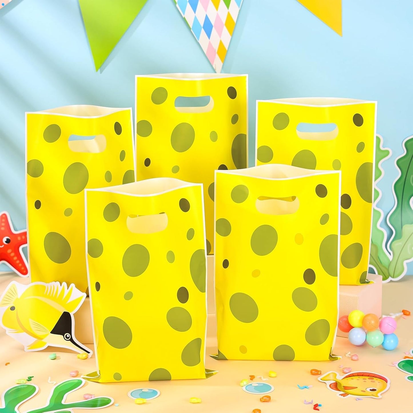 50 PCS Yellow Sponge Goodie Party Favor Bag with Handles | Cartoon Plastic Candy Gift Bag for Kids Underwater Summer Birthday Supplies