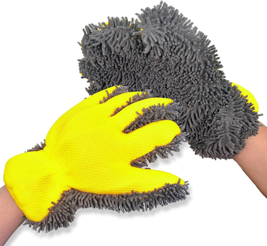 Car Wash Mitt,Microfiber Scratch Free,Detailing Cleaning Gloves,2Pack | Ultra-soft chenille holds thick suds and trapsgrit,gentle on paint,glass and chrome,thickened Inside,5-finger design,yellow