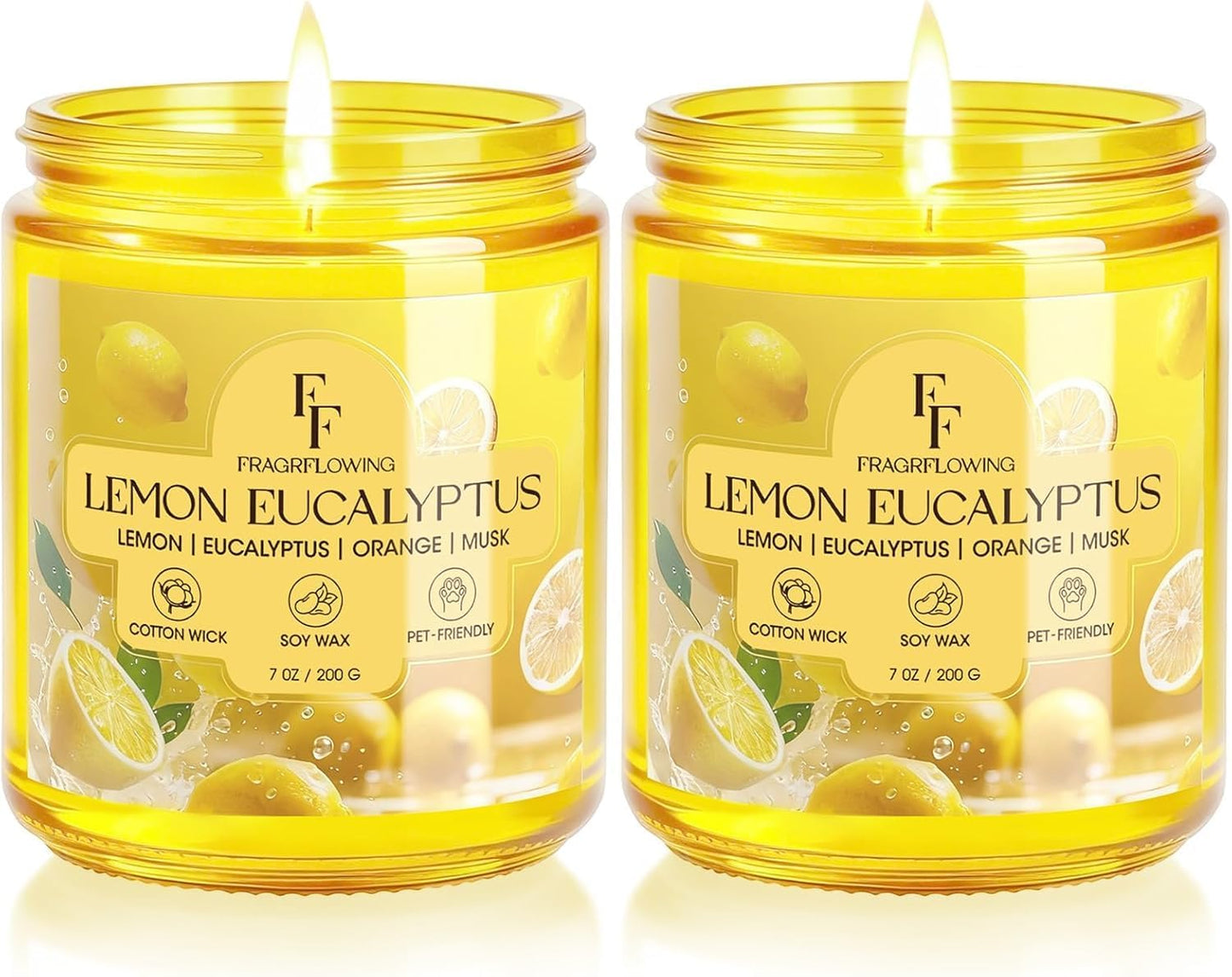 Lemon Eucalyptus Scented Candle, Natural Soy Wax Jar Candle for Home Scented, 100-Hour Burn Time Gifts for Women Men, 7 oz (2 Pack)