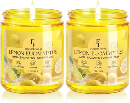 Lemon Eucalyptus Scented Candle, Natural Soy Wax Jar Candle for Home Scented, 100-Hour Burn Time Gifts for Women Men, 7 oz (2 Pack)