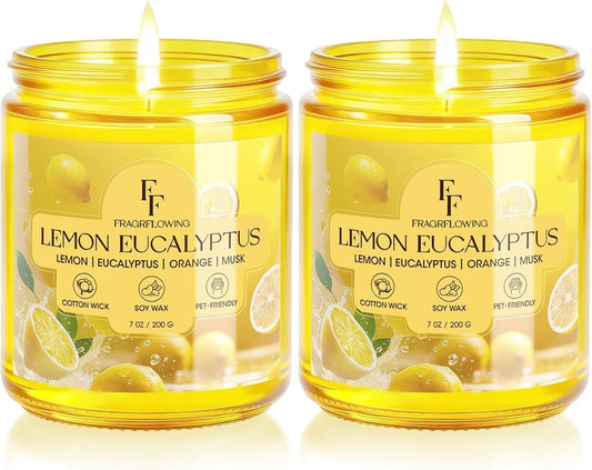Lemon Eucalyptus Scented Candle, Natural Soy Wax Jar Candle for Home Scented, 100-Hour Burn Time Gifts for Women Men, 7 oz (2 Pack)
