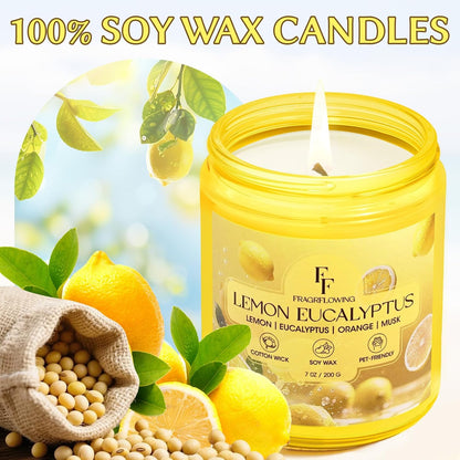 Lemon Eucalyptus Scented Candle, Natural Soy Wax Jar Candle for Home Scented, 100-Hour Burn Time Gifts for Women Men, 7 oz (2 Pack)