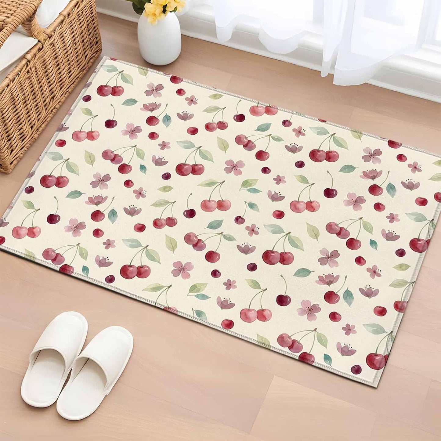 Area Rug 2x3ft, Summer Cherry Harvest Flower Washable Rugs for Living Room Bedroom, Watercolor Fruit on Light Yellow Soft Non-Slip Area Rugs Rectangle Floor Carpet for Dining Room
