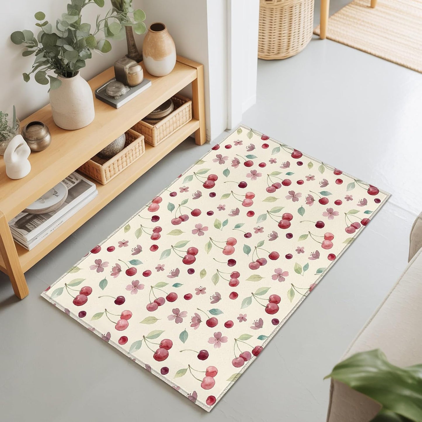 Area Rug 2x3ft, Summer Cherry Harvest Flower Washable Rugs for Living Room Bedroom, Watercolor Fruit on Light Yellow Soft Non-Slip Area Rugs Rectangle Floor Carpet for Dining Room