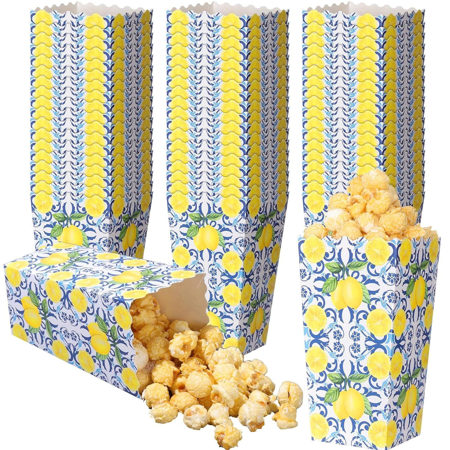 50 Pcs Capri Lemon Popcorn Boxes 6 x 2.4 in Blue Tiles Yellow Lemon Popcorn Bucket for Party Favor Disposable Paper Candy Snack Container for Birthday Wedding Baby Shower Summer Party Supplies