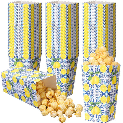 50 Pcs Capri Lemon Popcorn Boxes 6 x 2.4 in Blue Tiles Yellow Lemon Popcorn Bucket for Party Favor Disposable Paper Candy Snack Container for Birthday Wedding Baby Shower Summer Party Supplies